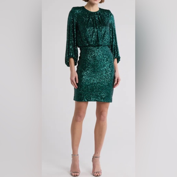 Vince Camuto Sequin Dress Womens Size 4 Emerald  Green Modest Glam Slit Back - Picture 1 of 6